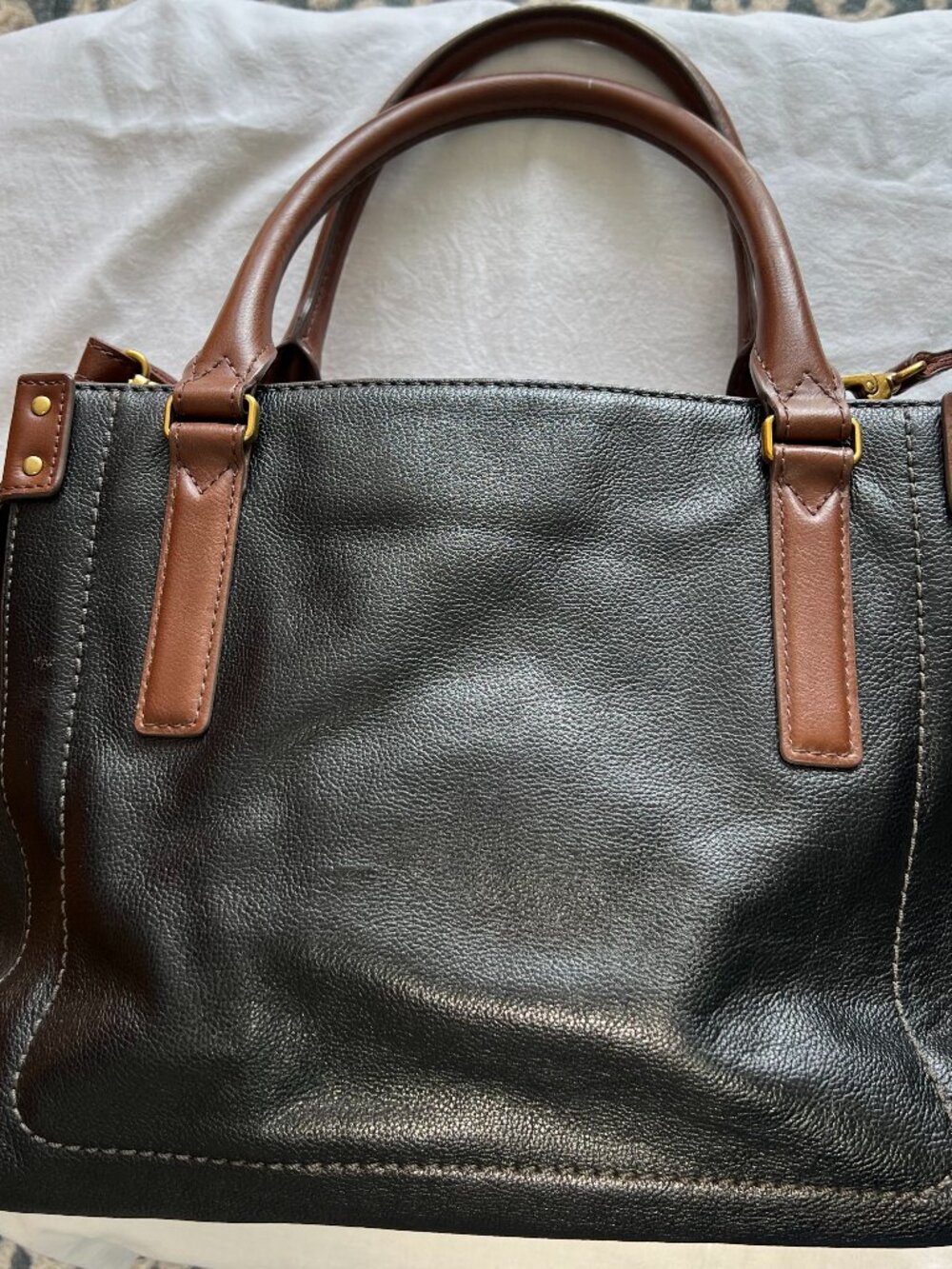 Fossil Claire Black Leather Satchel Crossbody Brown Trim rolled handles